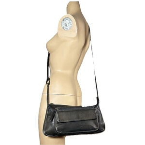 Derek Alexander Black Leather Top Zip Organizer Crossbody Bag Flap Snap Pocket